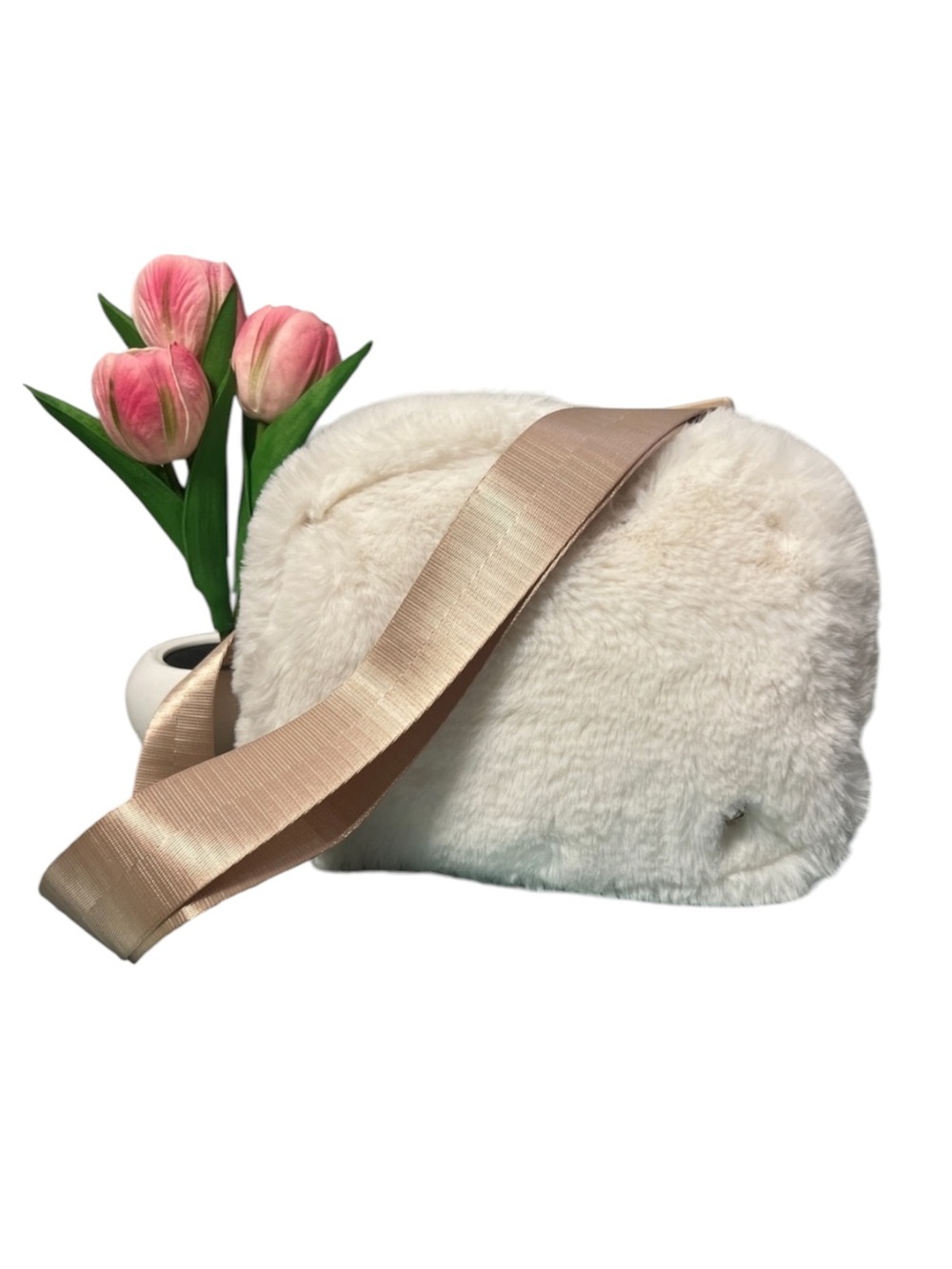 Faux Fur Plush Crossbody Bag Cream Beige Adjustable Strap Cozy Boho